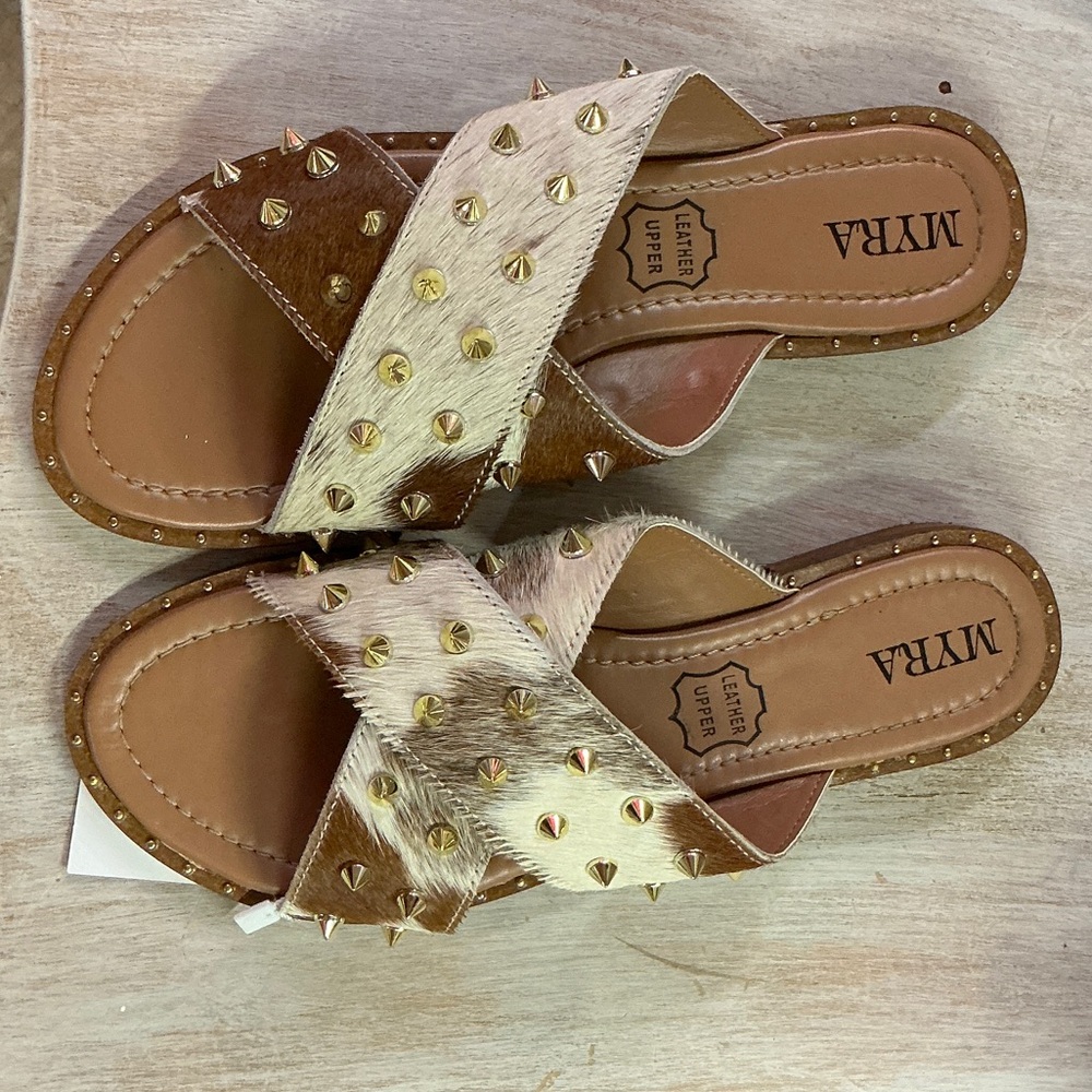 Myra Bag Tan and Cream Studded Horsehide Leather Sandals